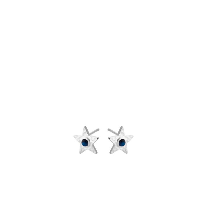 Pernille Corydon Twinkling Star earrings in silver, star-shaped design with blue stone detail. Model e-382-s
