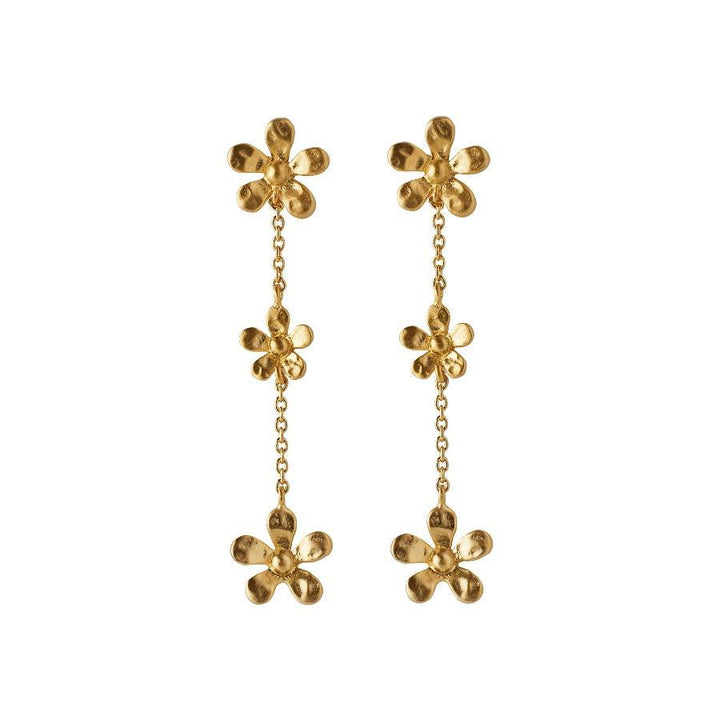 Pernille Corydon Wild Poppy Earrings in gold-plated silver with three flower links, Model E-363-GP-1.