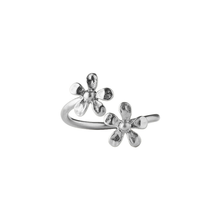 Pernille Corydon Wild Poppy Silver Ring with two flower details in shiny silver finish. Model R-364-S-001.