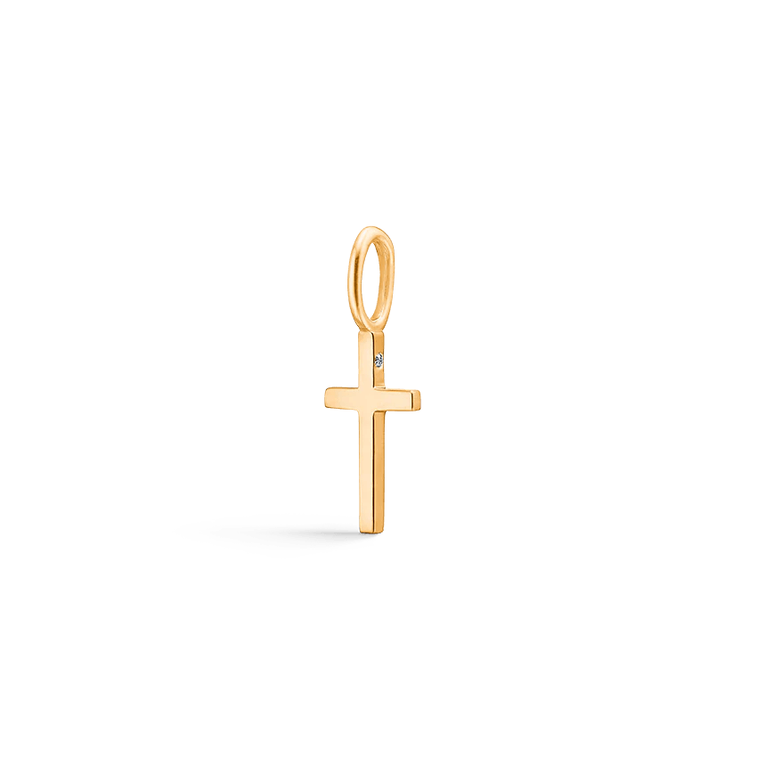 Ro Copenhagen 18kt Rock Cross p108y113-1 shows a simple cross pendant in yellow gold with diamond detail. Model p108y113-1.