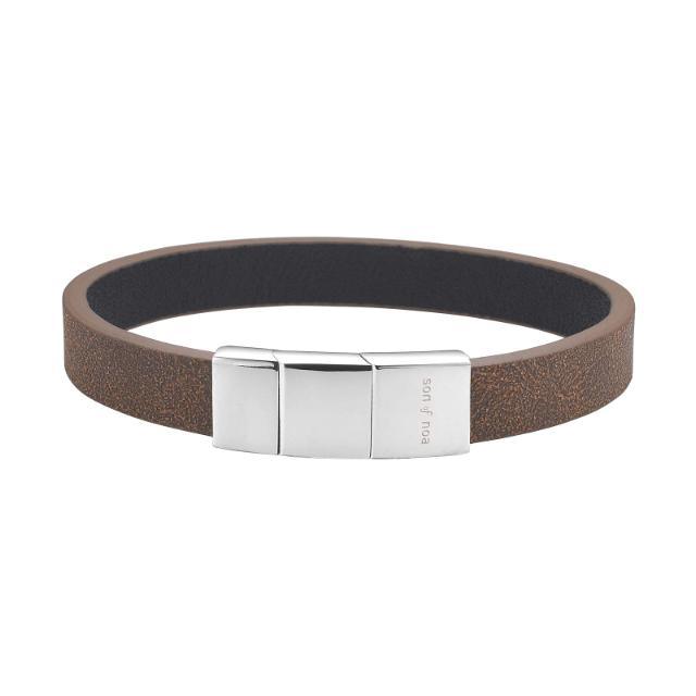 Son of Noa men's bracelet with brown leather strap and polished steel clasp seen from the front, Model 808905292-001-1.