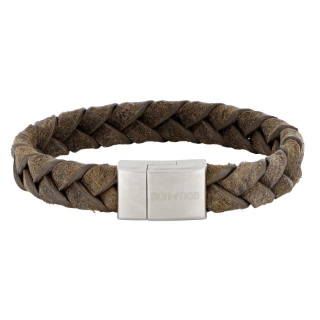 Son of Noa men's bracelet with braided dark brown leather and matt steel buckle. Model 80970239321-001.