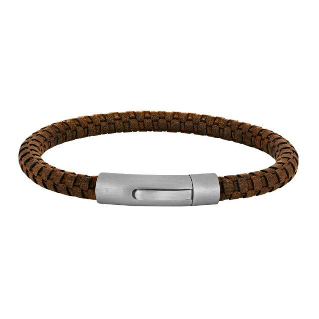Son of Noa men's bracelet with braided brown leather and matt steel clasp, Model 80970289221-001-1.