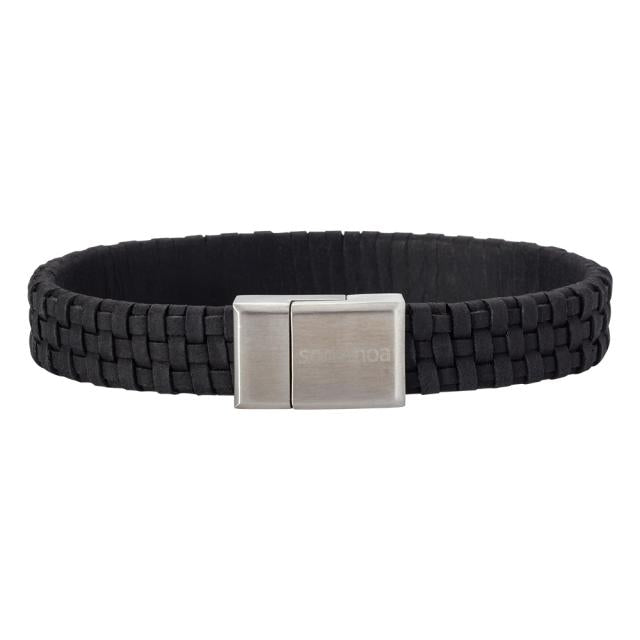 Son Of Noa men's bracelet in black braided leather with wide, matt silver-coloured clasp. Model 809700091-001.