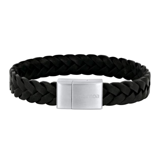 Son of Noa men's bracelet in black leather with braided design and matte steel clasp, Model 809702691-001