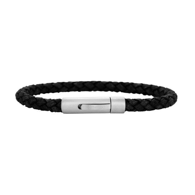 Son of Noa men's bracelet black braided leather with matt steel clasp, simple detail. Model 809700891-001