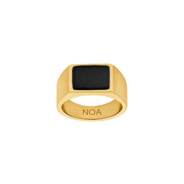 Son of Noa men's ring in gold-colored steel with black square stone, front view. Model 108400128-001.