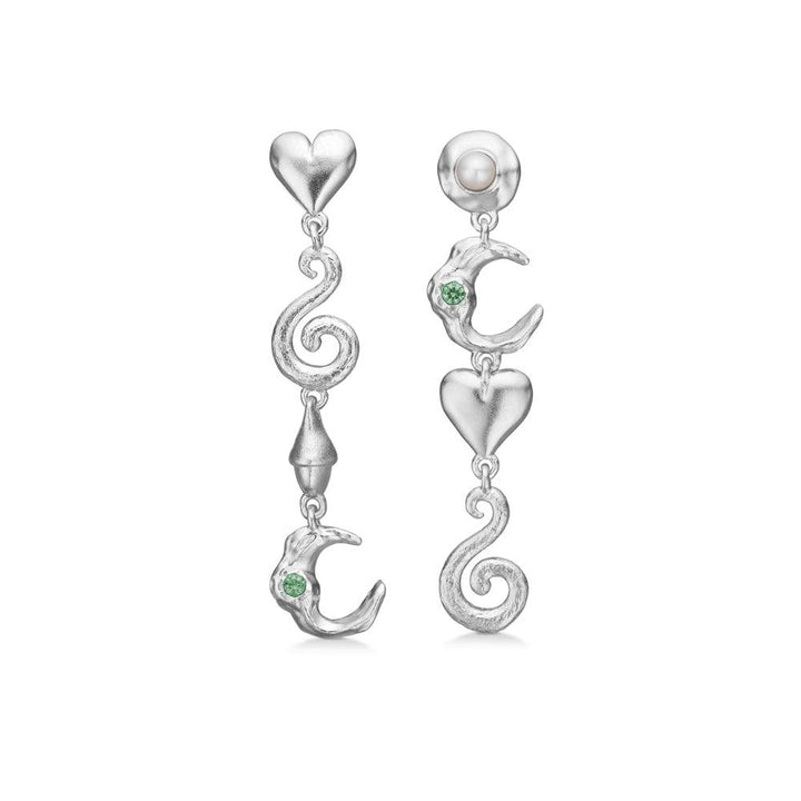 Studio Z Cascade Silver earrings in asymmetrical design with green stone, heart and pearl, Model 7117877-1