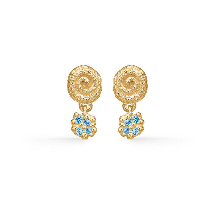 STUDIO Z cluster earrings with blue zirconia shows a set of golden earrings with blue stones, Model 7217842-1.