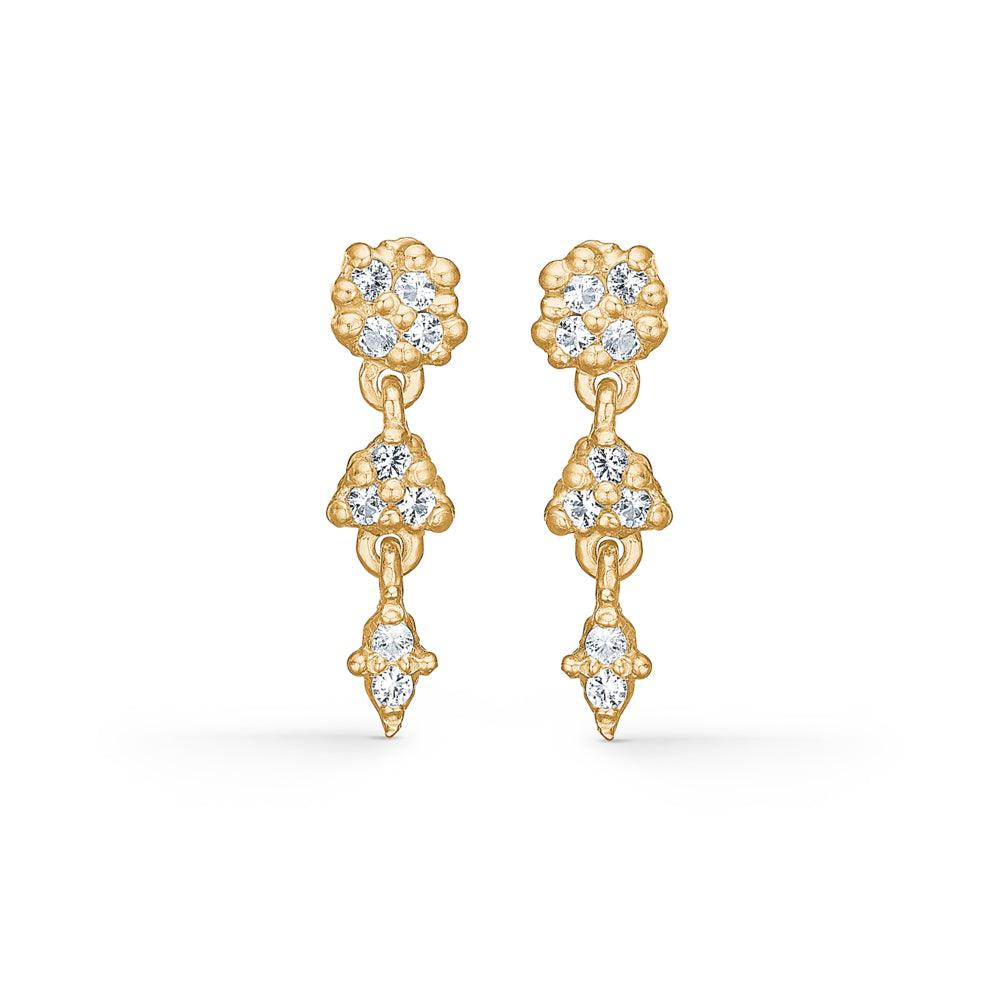 Studio Z Cluster Earrings with Zirconia shows golden chain earrings with clear zirconia stones. Model 7217844-1