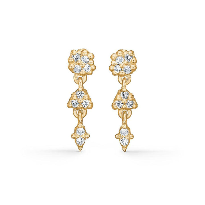 Studio Z Cluster Earrings with Zirconia shows golden chain earrings with clear zirconia stones. Model 7217844-1