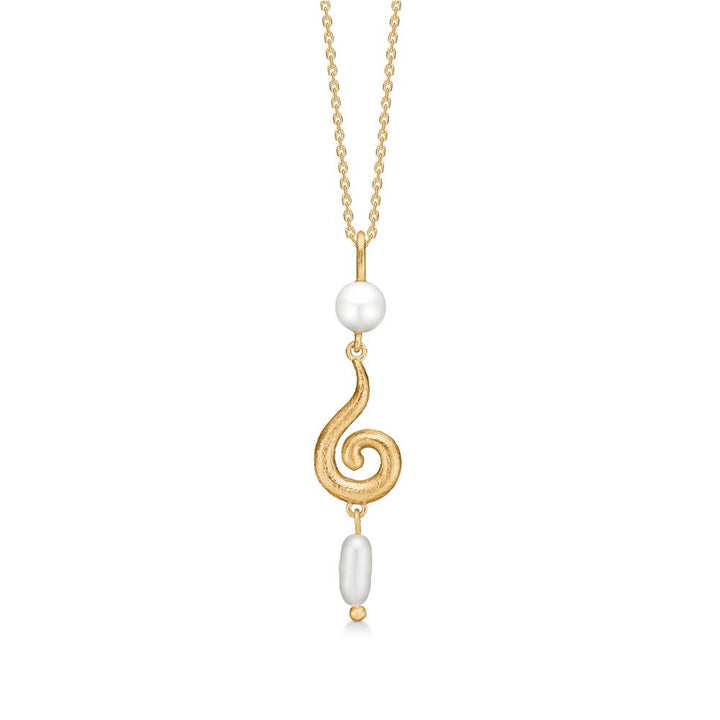 Studio Z Curiosity Gold-plated necklace with pendant with twisted gold shape and two pearls on a white background. Model 7223870