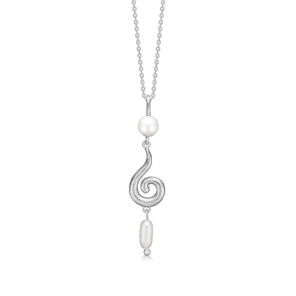 Curiosity silver necklace with. pendant, silver-colored chain with spiral shape and two pearls, Model 7123870