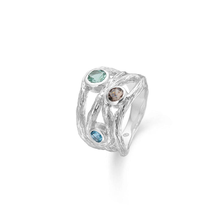 Studio Z Evergreen Ring Silver with structure, three colored stones, wide model. Model 7147820-001.