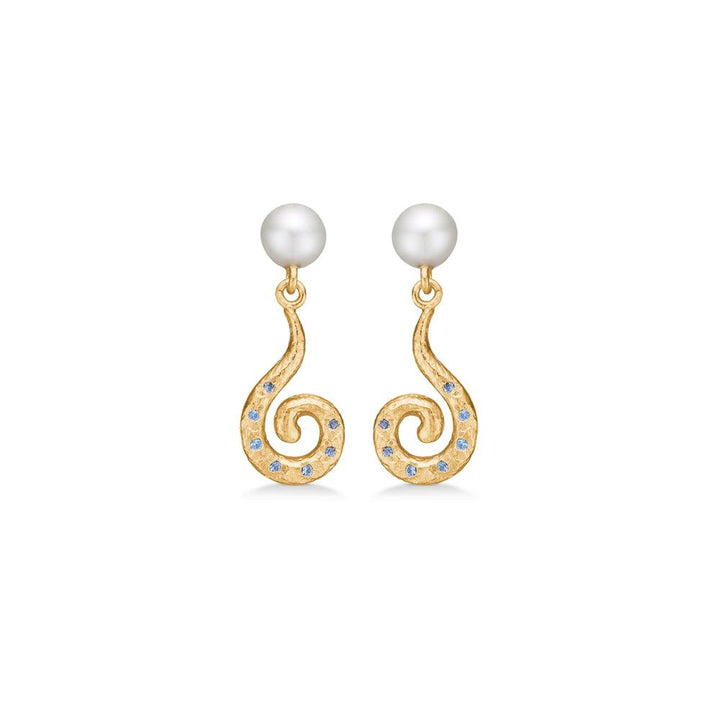 Studio Z Gold-plated Curiosity earrings with blue zirconia and white pearls on a white background. Model 7217871-1