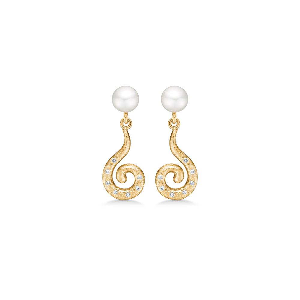 studio z gold plated curiosity earrings with pearls shown as a pair of elegant earrings in gold with white pearl and small stones, Model 7217870-1