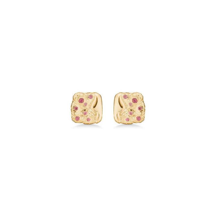 studio z gold-plated edge earrings with red zirconia, two small, square gold earrings adorned with red stones. Model 7217889-1