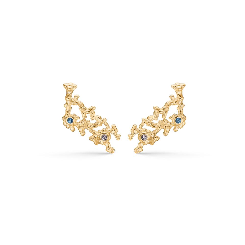 studio-z-genesis earrings, organic earrings in gold with blue and clear stones on a white background. Model 7217808