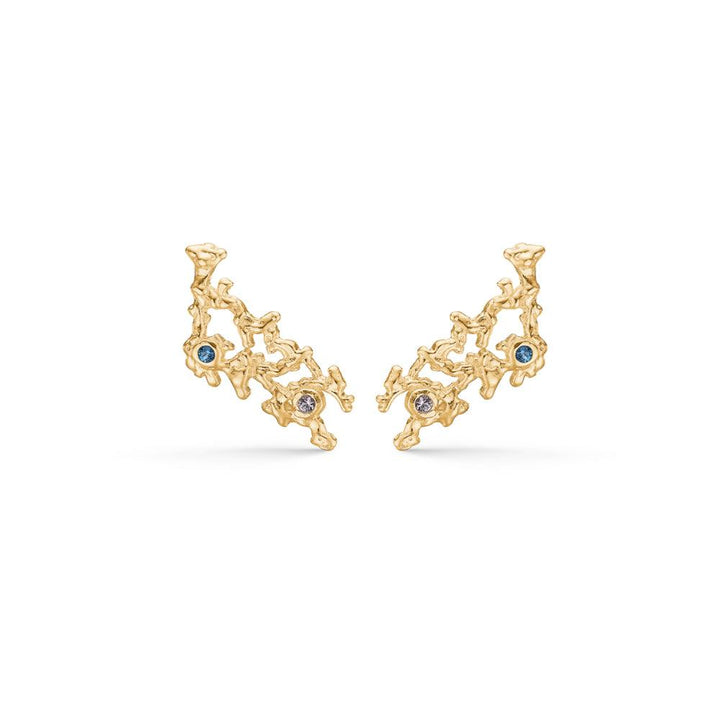 studio-z-genesis earrings, organic earrings in gold with blue and clear stones on a white background. Model 7217808