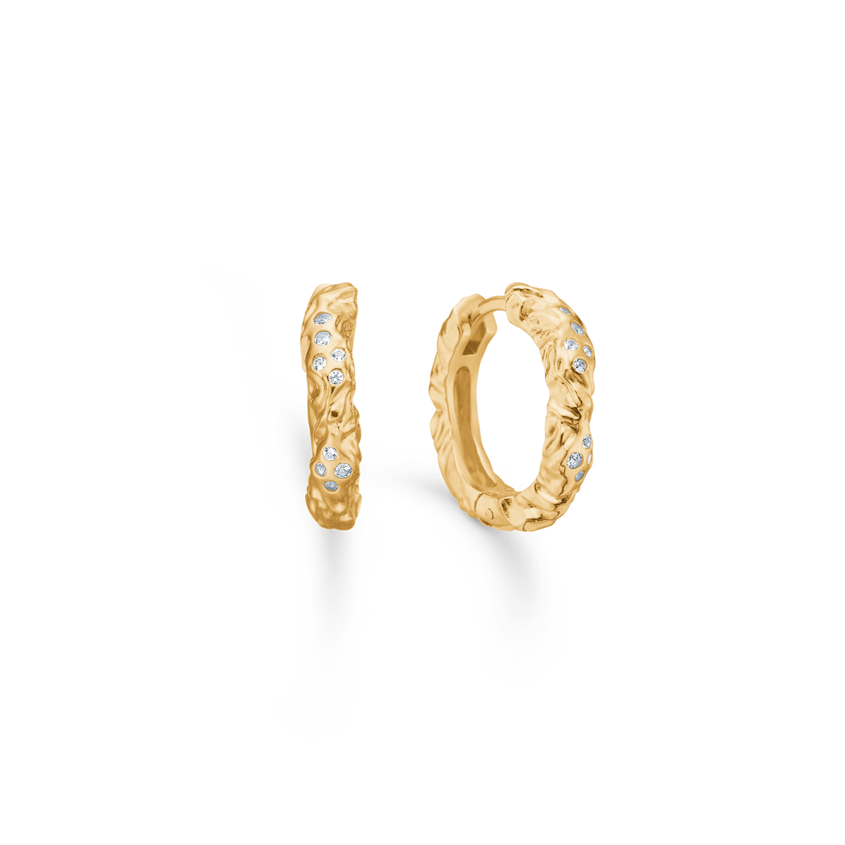 Studio Z Glint Creole in gold-plated silver, raw structure with small clear stones, Model 7217934-1.