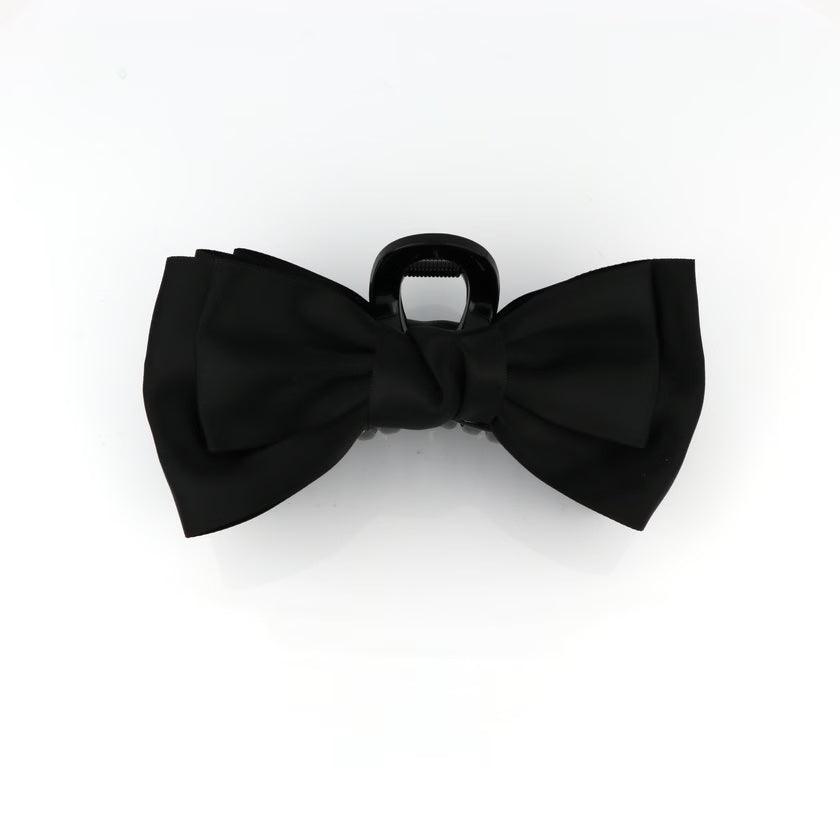 Studio Z Hair Clip Satin Bow Black, black hair clip with large satin bow, front view. Model 7980020-1.