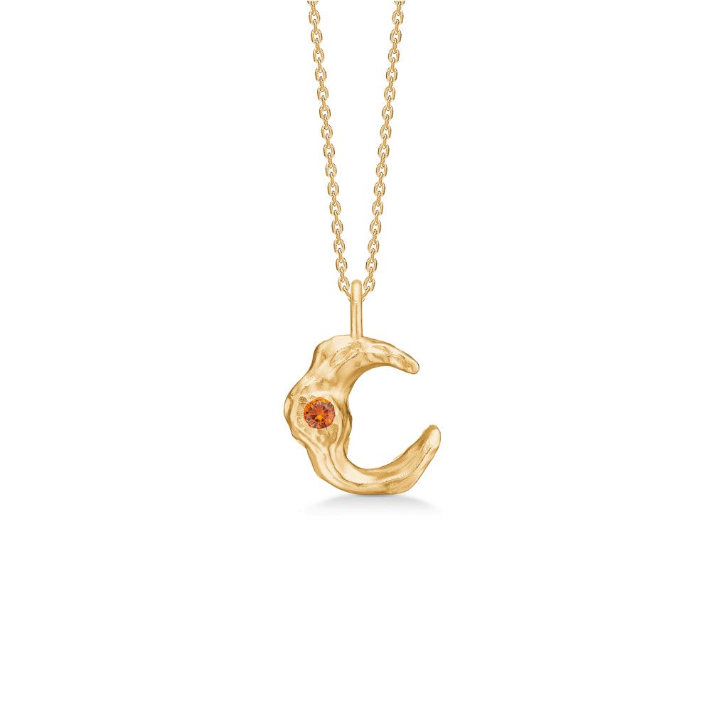 Studio Z Lunar gold-plated necklace with pendant in moon design and orange zirconia on white background. Model 7227882-1
