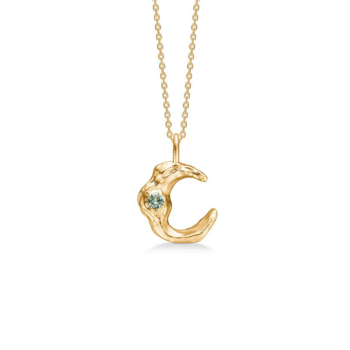 Studio Z Lunar gold-plated necklace with green zirconia, moon-shaped pendant. Model 7227883-1.