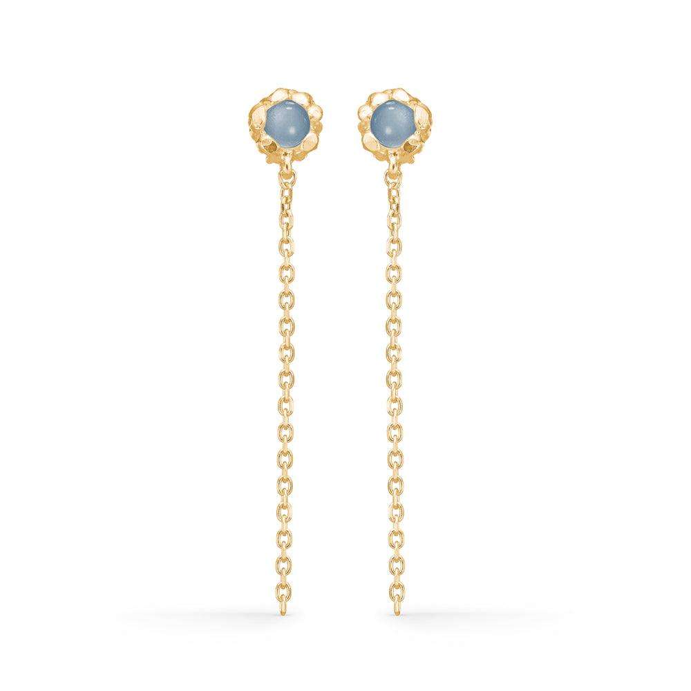 Studio Z Magma Earrings with blue zirconia shows elegant earrings in gold with blue stones and long chains. Model 7217868-1