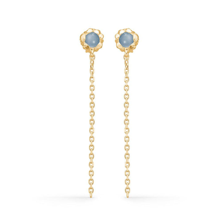 Studio Z Magma Earrings with blue zirconia shows elegant earrings in gold with blue stones and long chains. Model 7217868-1