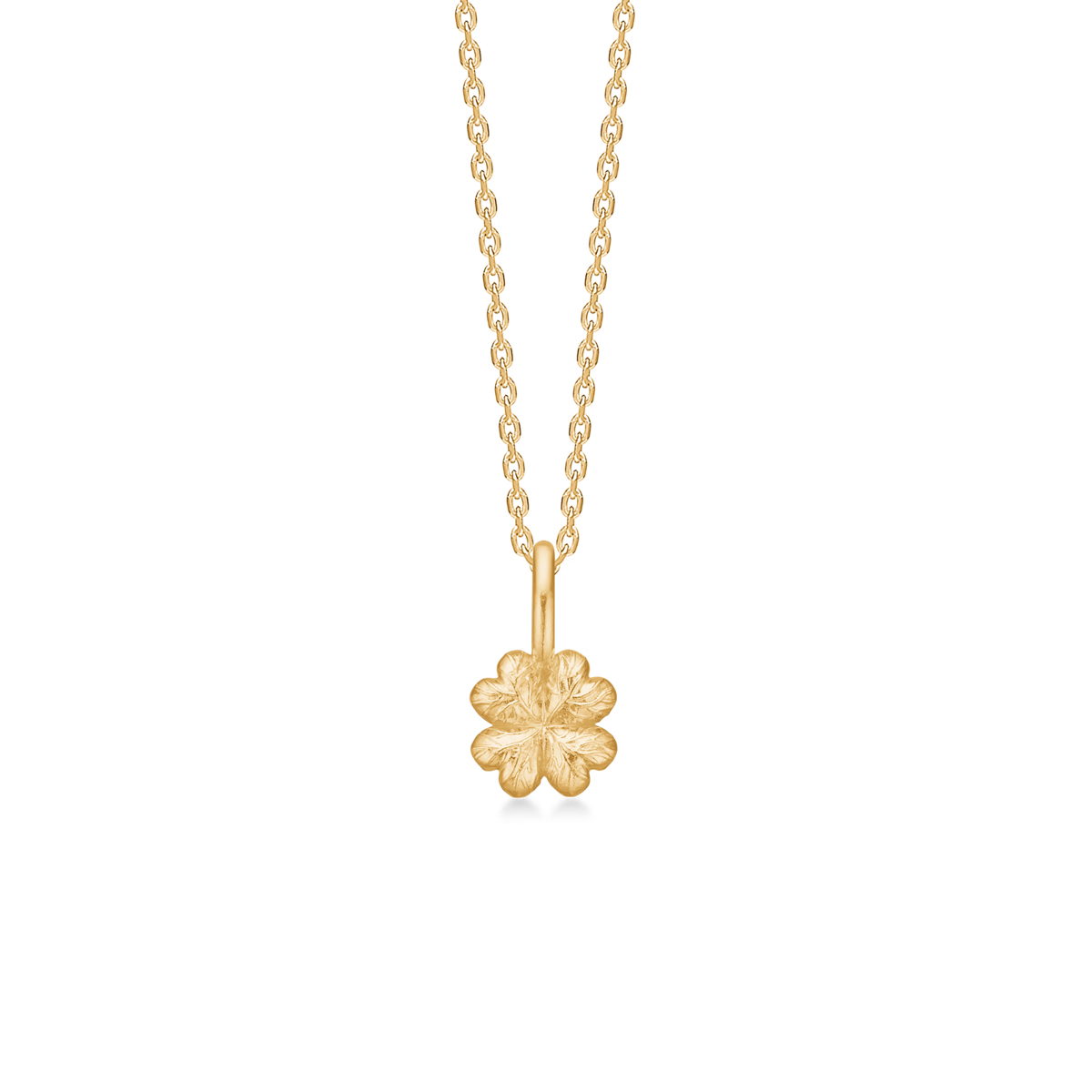 Studio Z Serene Clover necklace in gold-plated with four-leaf clover pendant against a black background. Model 7220359