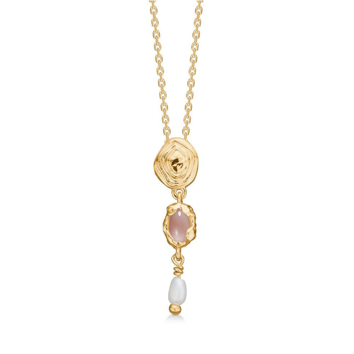 studio-z-shell-gold-plated-necklace-with-pink-zirconia with pendant in gold look, pink stone and white pearl. Model 7227879-1