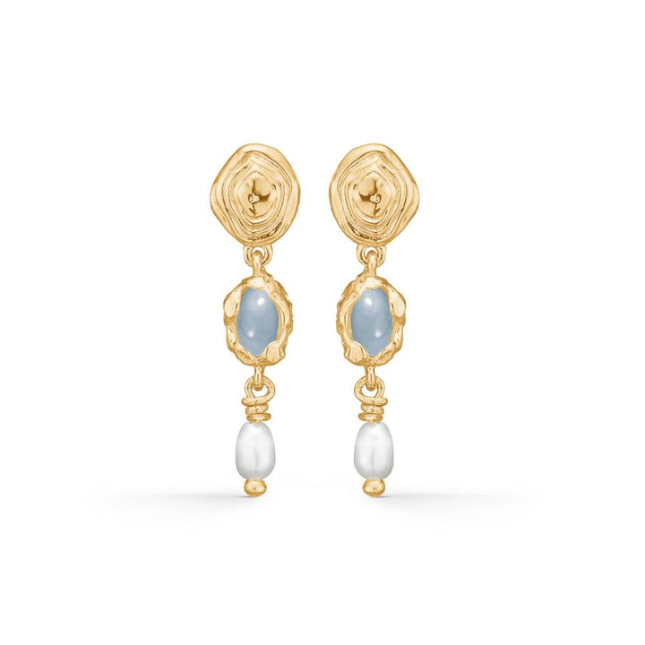 Studio Z Shell Earrings with Pearl and Blue Zirconia shows a pair of gold-plated earrings with blue stones and white pearls. Model 7217858-1