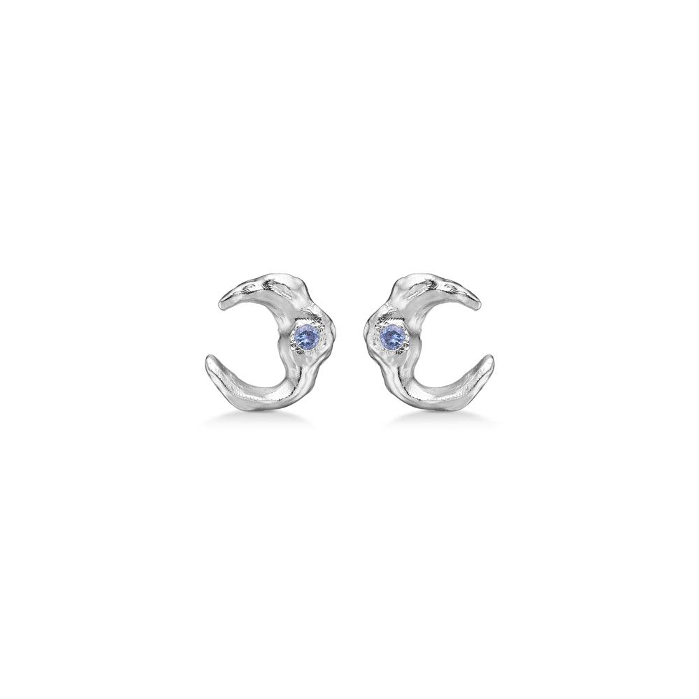 Studio Z Solv Lunar studs with blue zirconia, silver moon-shaped studs with blue stones. Model 7117881-1.