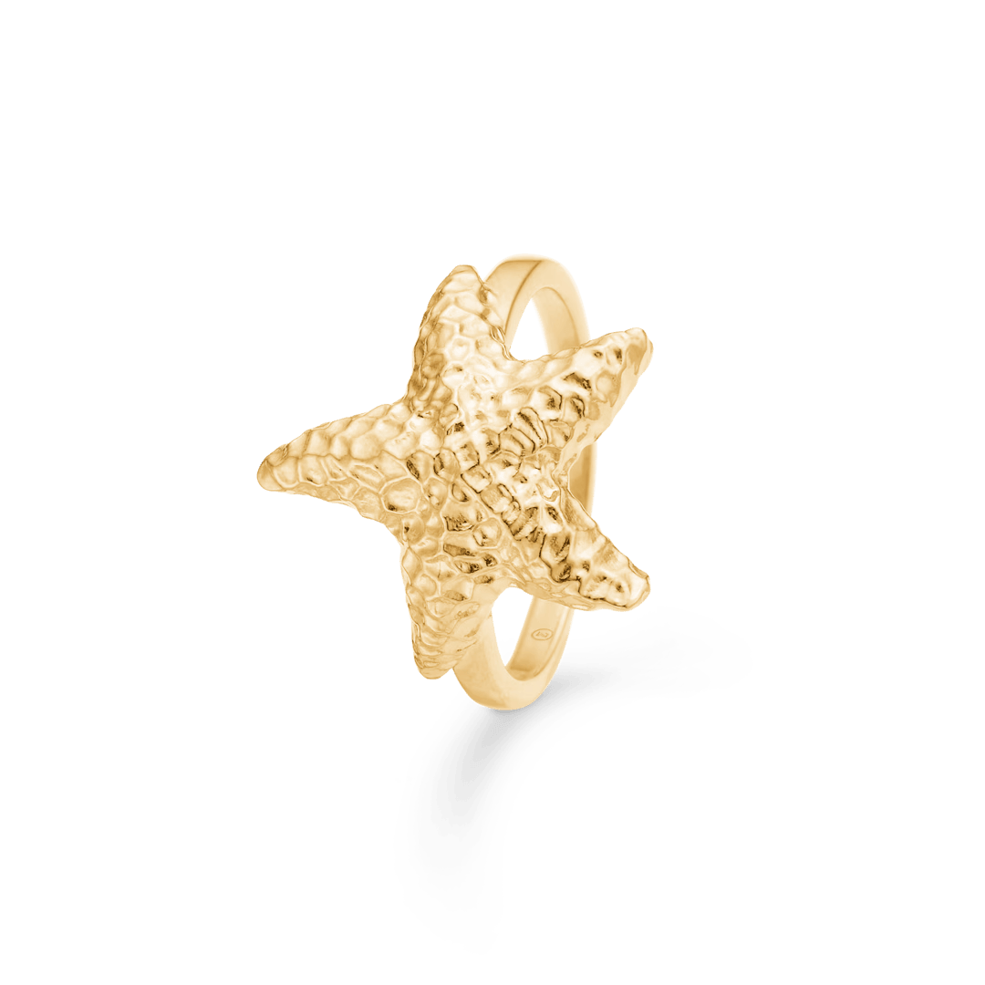 Studio Z Starfish Luster gold-plated ring with clear starfish in hammered gold finish, Model 7240903-001.