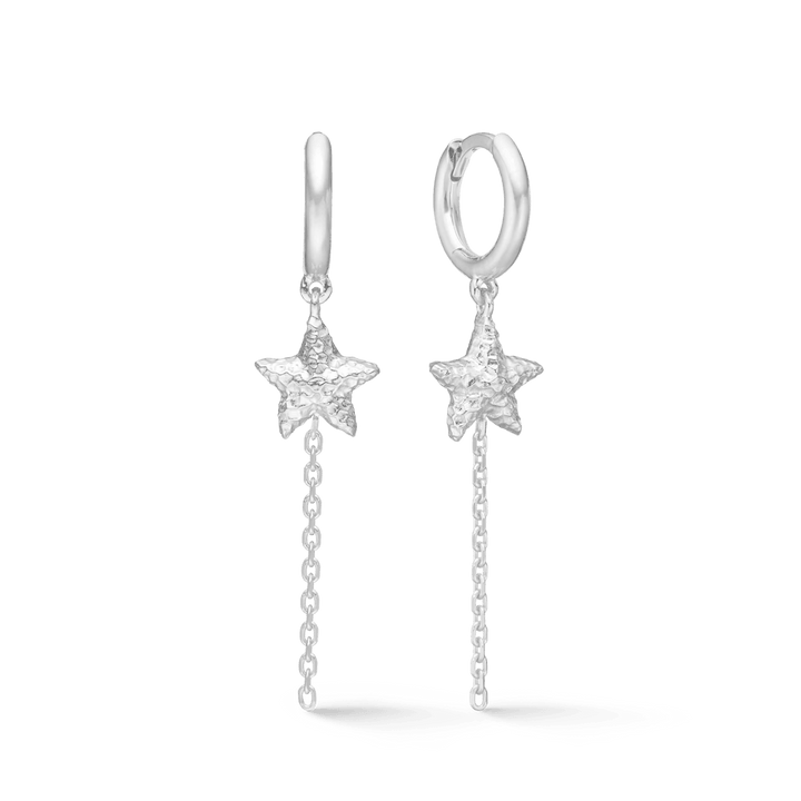 Studio Z Starfish Luster Silver Creole with Starfish shows a pair of round silver earrings with star pendant and chain, Model 7110903-1.