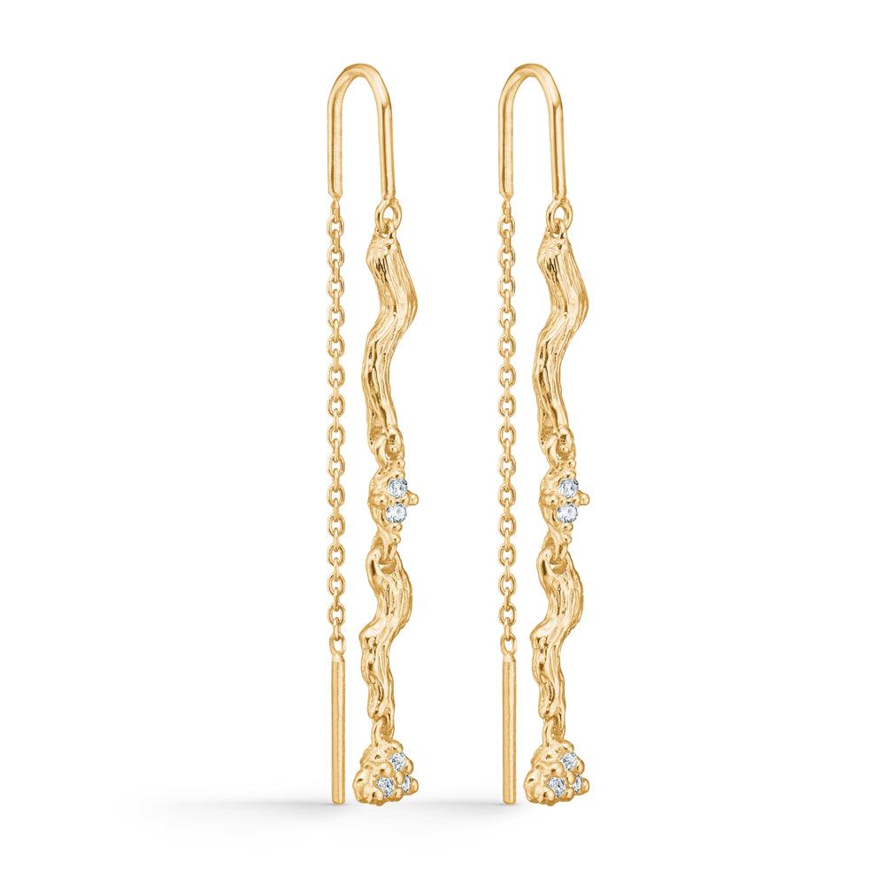 Studio Z Tangled Chain Earrings with Zirconia show long, golden strands with clear stones, Model 7207849-1.