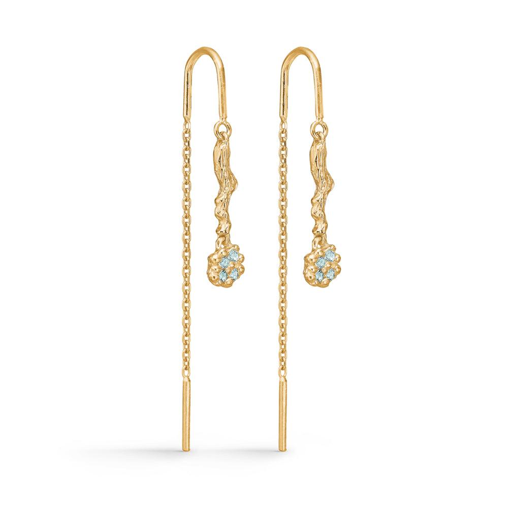 studio-z-tangled-earrings-with-blue-zirconia shows a pair of gold-plated chain earrings with blue zirconia, Model 7207846-1