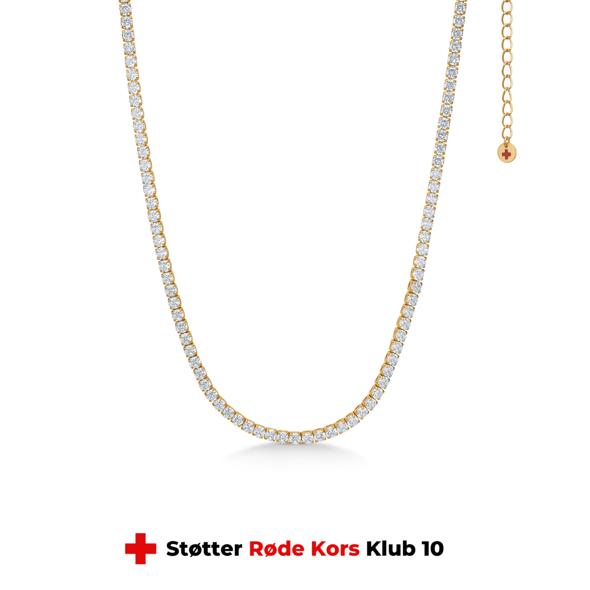 studio-z-tennis-necklace-in-gold-plated-sol-30-36cm-7227000, elegant tennis chain in gold-plated silver with clear stones on a green background. Model 7227000