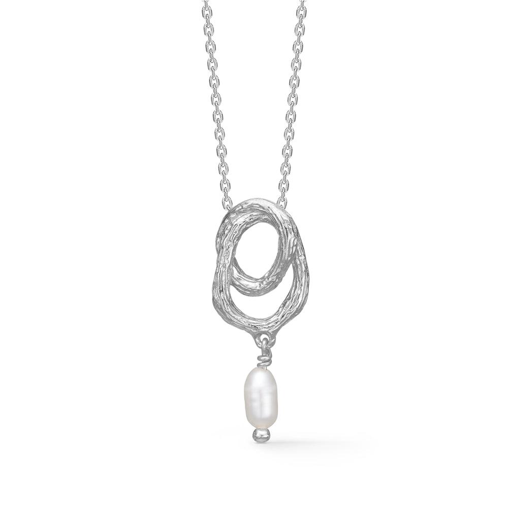 Studio Z Twine Silver Necklace with Pearl shows an organically shaped silver pendant with a single white pearl, Model 7123853-1.