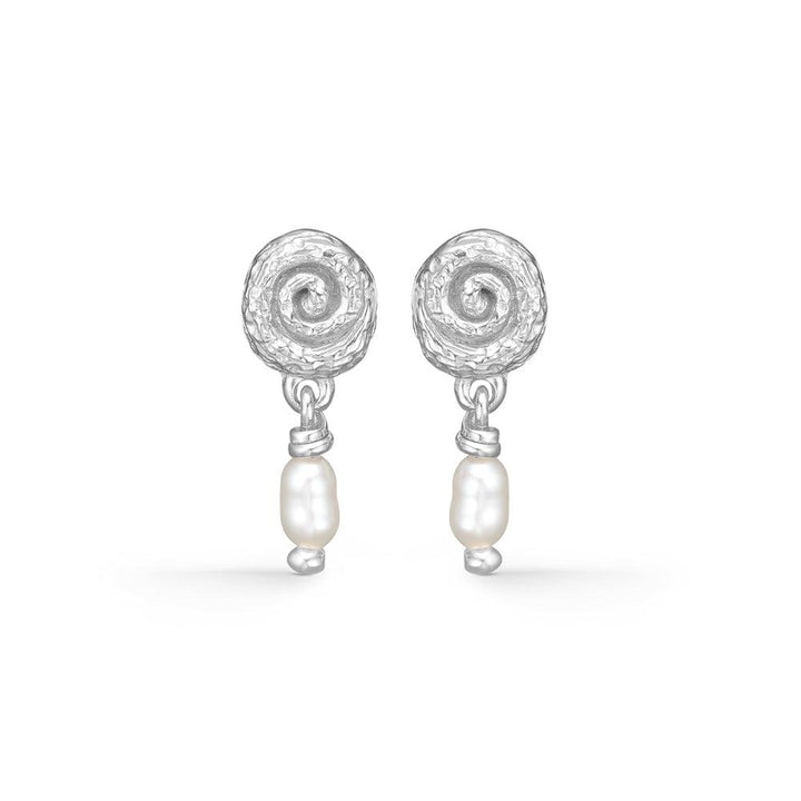 studio z twine sol ear studs with pearl shows a set of silver earrings with a spiral structure and dangling white pearls. Model 7113853-1