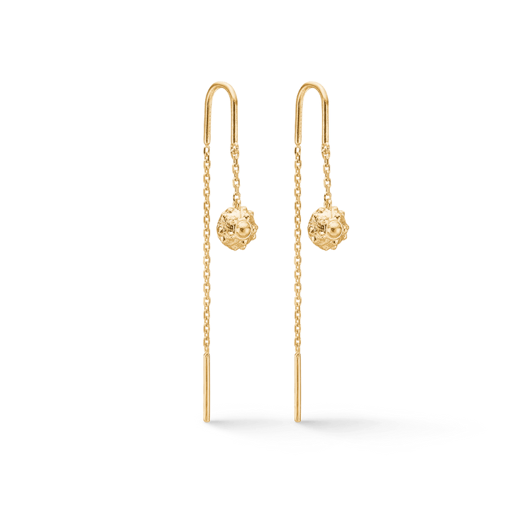 Studio Z Urchin Elegance Gold Plated Earrings with long chains and ball pendants in gold. Model 7200915.