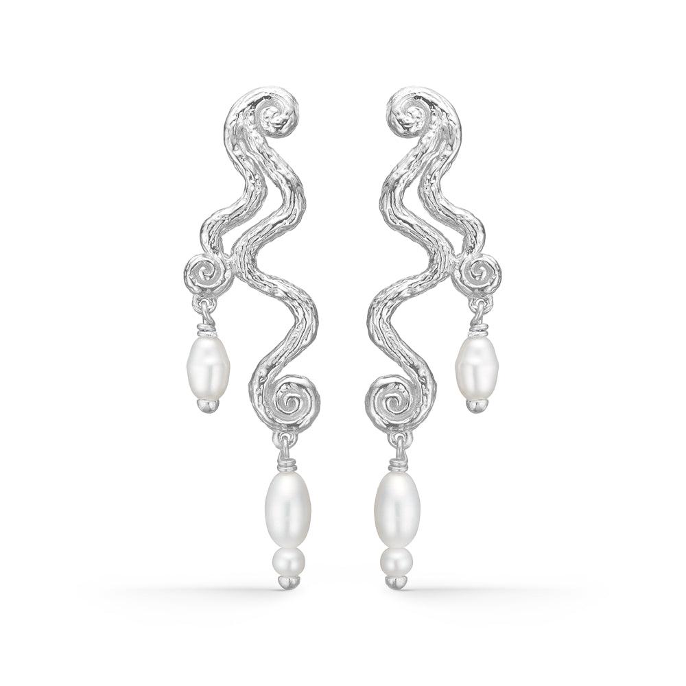Studio Z Wave Twisted Silver Design Earrings with White Baroque Pearls, Model 7113846-1