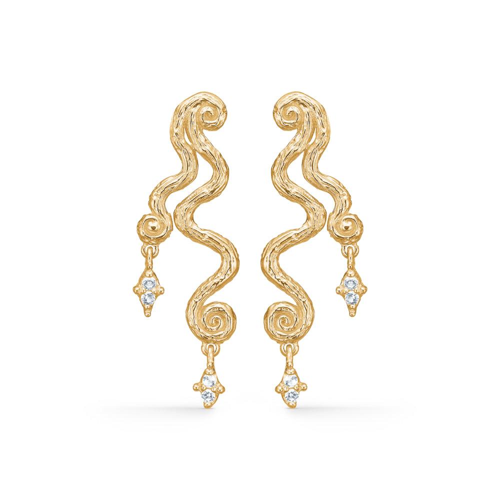 Studio Z Wave earrings with zirconia in a gold look with unique intricate shapes and clear stones. Model 7217856-1.