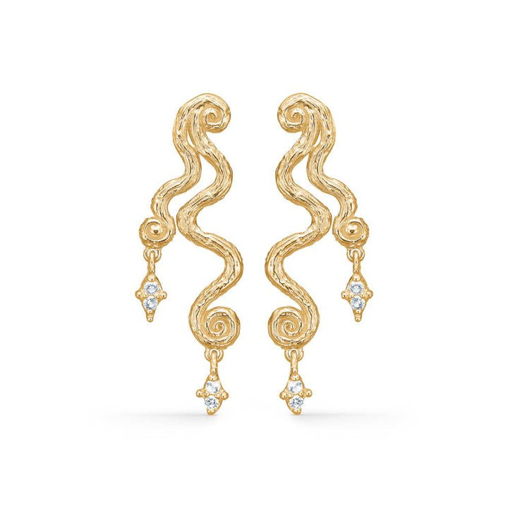 Studio Z Wave earrings with zirconia in a gold look with unique intricate shapes and clear stones. Model 7217856-1.