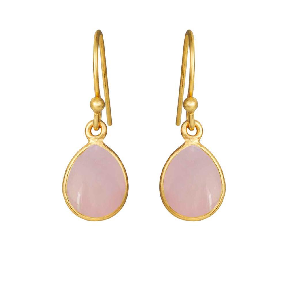 Susanne Friis Bjørner gold-plated hoop earrings with pink crystal, drop shape, front view. Model 5249-2-112-1.