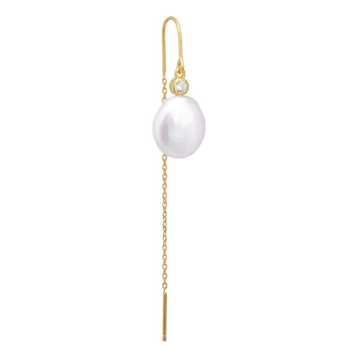 the-earring-shop-isla-hook-threader, elegant earring in gold with white pearl and clear stone, Model fw2303-1.