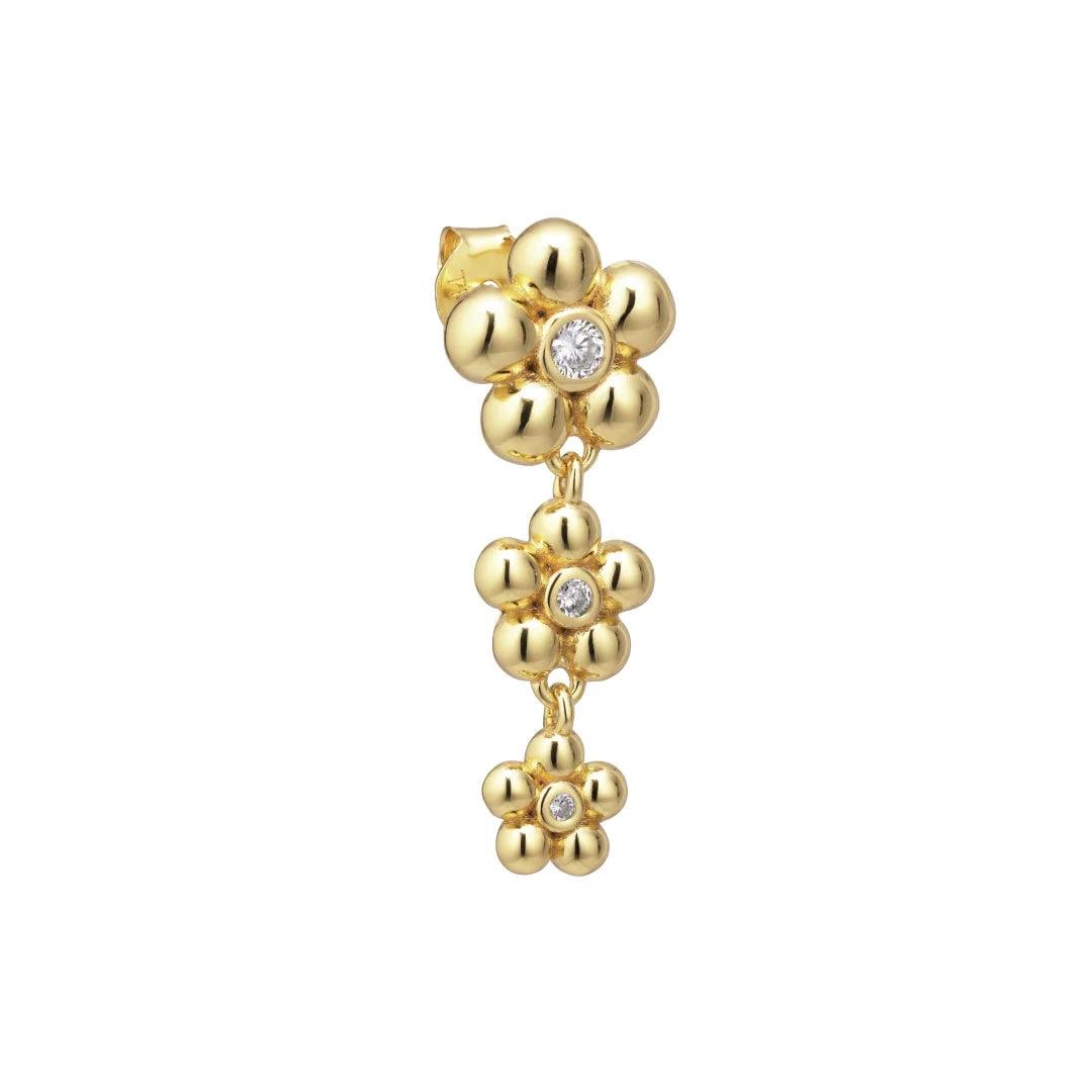 Polly Stud, elegant gold-plated ear stud with three flower-shaped pendants and clear stones, Model FW2301-1.