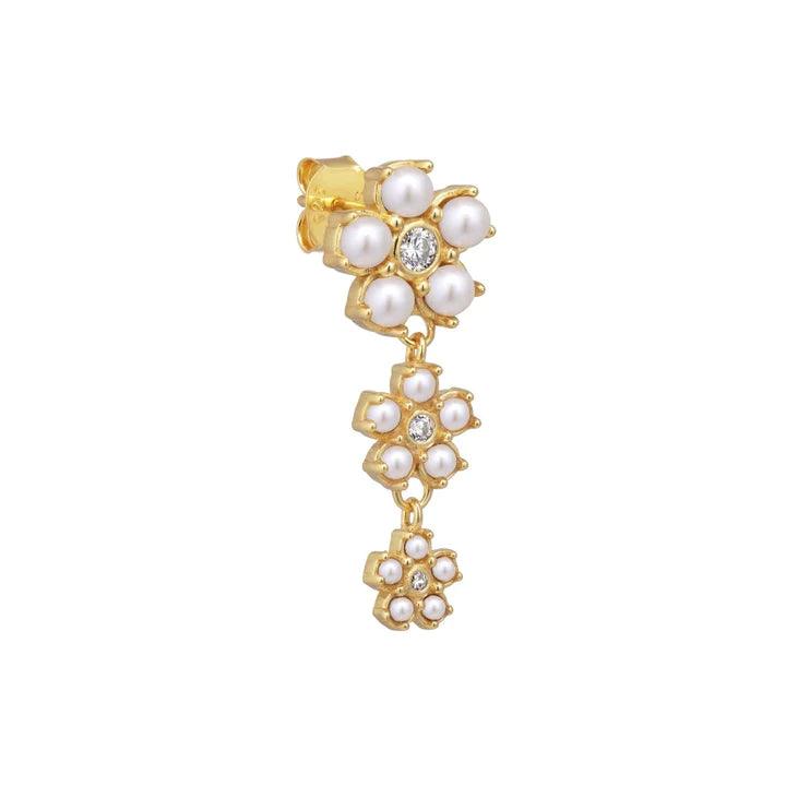 Poppy Stud earring in gold with three floral decorations of pearls and stones, elegant design. Model FW2306-1
