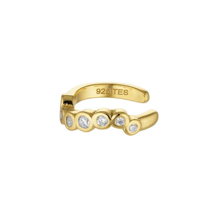 Sirona Cuff shows an elegant gold plated ear cuff with round clear stones, Model FW2404-1.