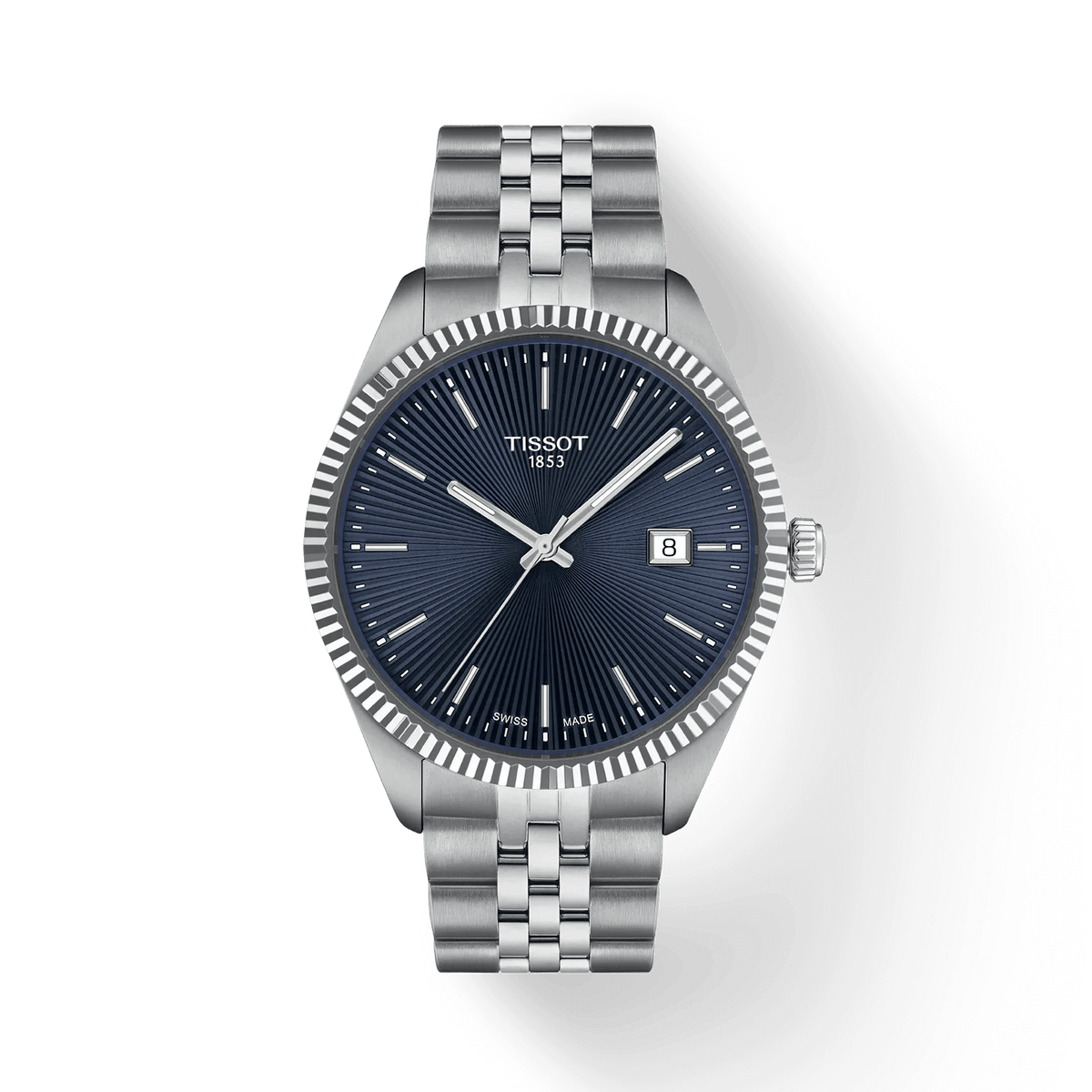 Tissot Ballade 40mm with blue guilloche dial and steel chain, elegant men's watch. Model T1564101104100